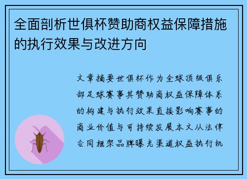全面剖析世俱杯赞助商权益保障措施的执行效果与改进方向