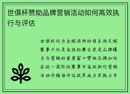 世俱杯赞助品牌营销活动如何高效执行与评估
