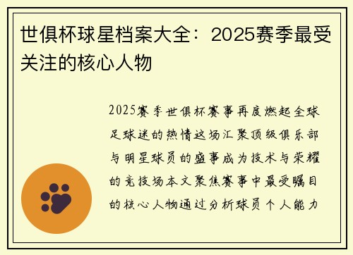 世俱杯球星档案大全：2025赛季最受关注的核心人物